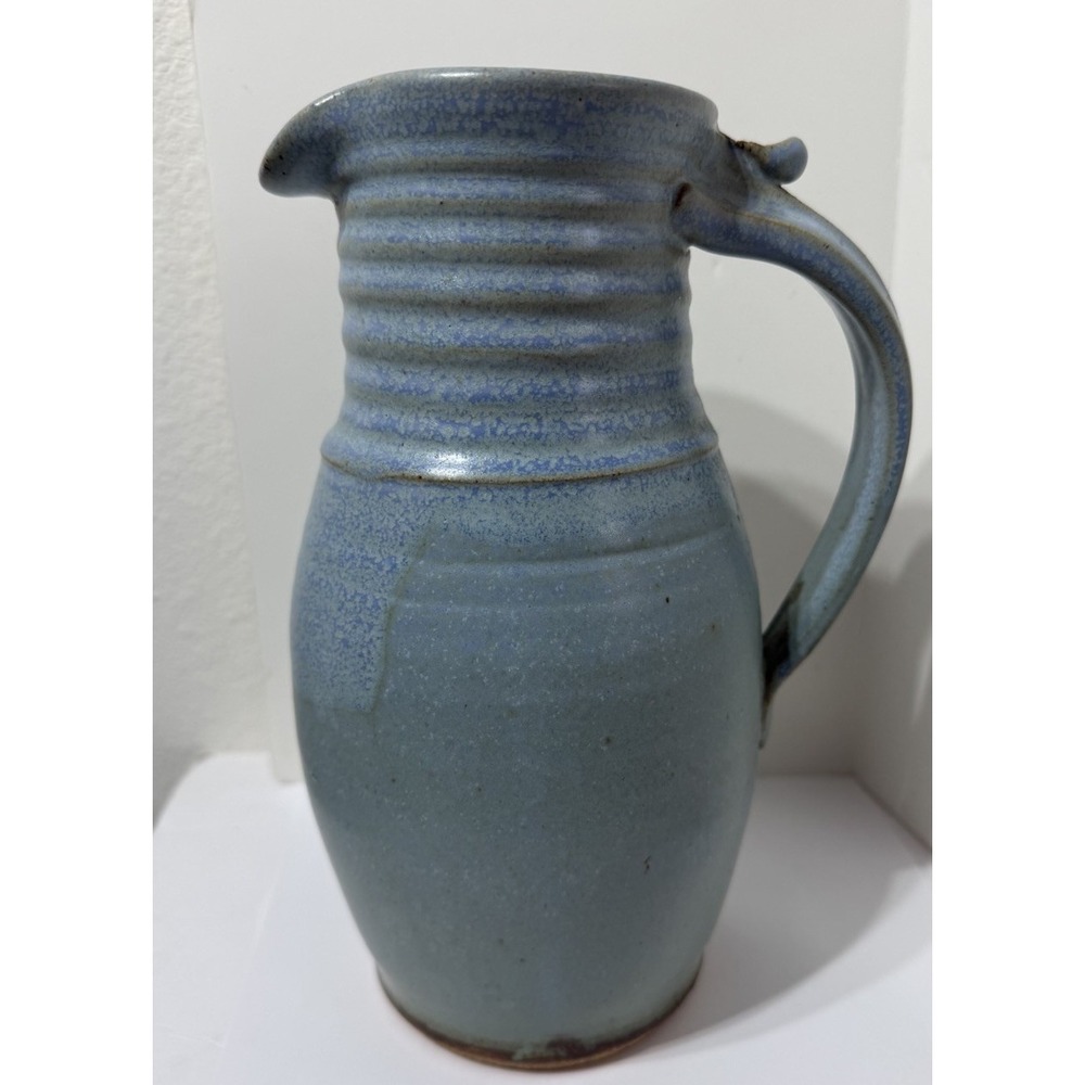 Wagner Village Potter Pottery Stoneware Spatter Drip 9" Pitcher Blue Gray Signed